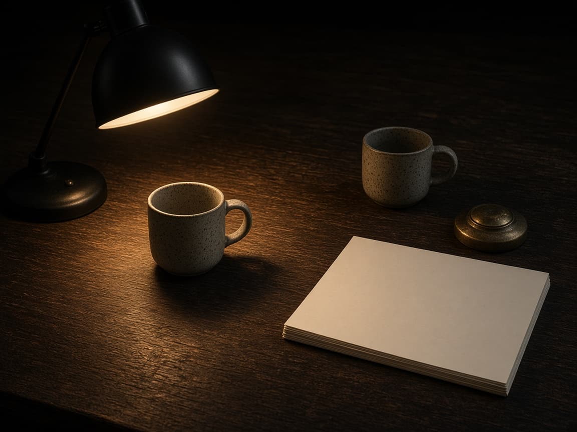 Night desk with two mugs, paper and a lamp.